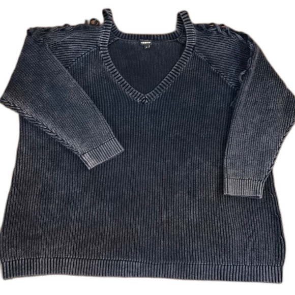 Torrid Lace-Up Cold Shoulder Knit Sweater Washed Black V-Neck Plus 5X Cotton - Picture 2 of 5